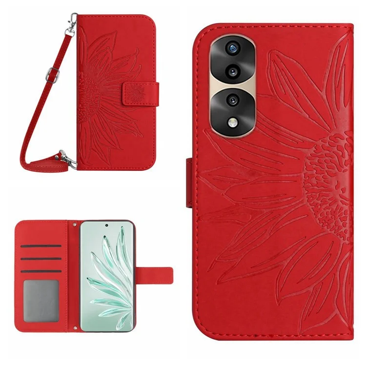 Proteção Completa Capa Telefônica Para a Pele Para Honra 70 Pro 5g / 70 Pro+ 5g, Com a Carteira de Couro PU de Girassol Com Girassol Com Alça de Ombro - Vermelho