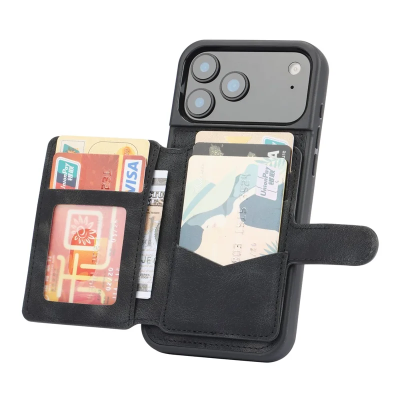 For iPhone 17 Pro Max Case Wallet Card Slot TPU + PU Leather Back Phone Cover - Black