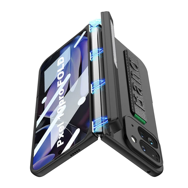 GKK For Google Pixel 10 Pro Fold Case with Hand Strap Magnetic Hinge Protection PC Tempered Glass Phone Shell - Black