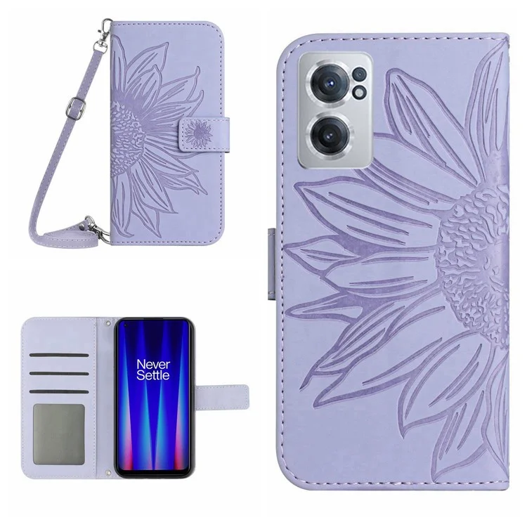 For OnePlus Nord CE 2 5G Imprinted Sunflower PU Leather Cover Magnetic Closure Skin-touch Stand Wallet Phone Case with Shoulder Strap - Light Purple