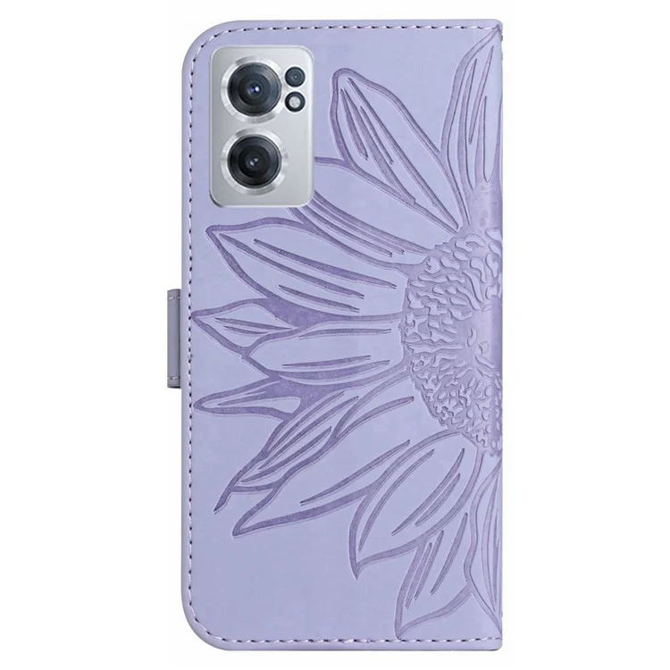 For OnePlus Nord CE 2 5G Imprinted Sunflower PU Leather Cover Magnetic Closure Skin-touch Stand Wallet Phone Case with Shoulder Strap - Light Purple