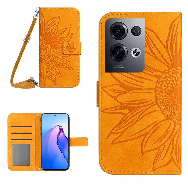 For Oppo Reno8 Pro+ (China) 5G / Reno8 Pro 5G (Global Version) Imprinted Sunflower Wallet Case Skin-touch PU Leather  Magnetic Closure Stand Phone Cover with Shoulder Strap - Yellow