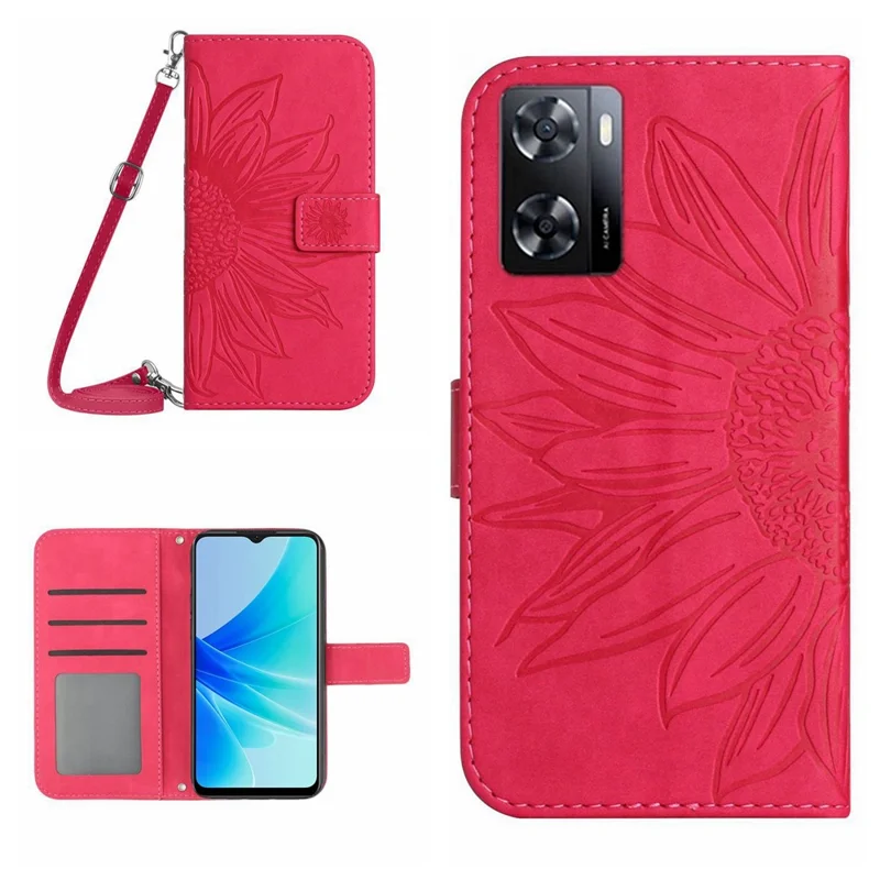 Para Oppo A57 4G / A57 (2022) 5G / A77 4G / A77 5G HT04 PU Caja de Billetera de Cuero Cierre Magnético Montón Impreso Tallador de Girasol Con Correa Para el Hombro - Rosa
