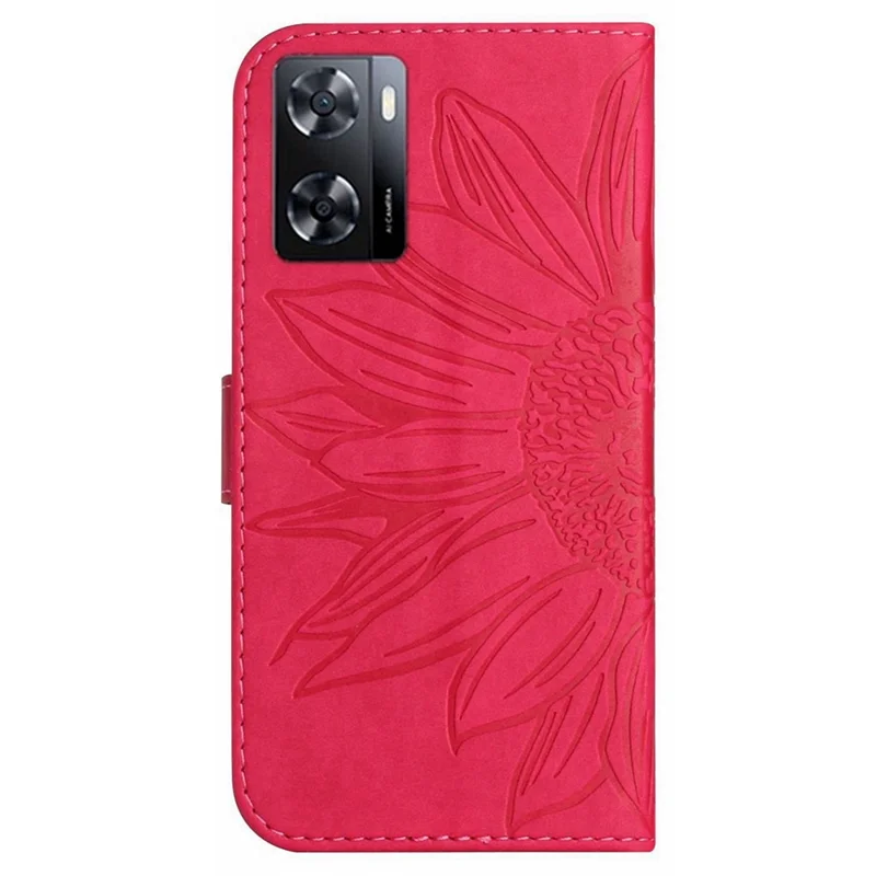 Para Oppo A57 4G / A57 (2022) 5G / A77 4G / A77 5G HT04 PU Caja de Billetera de Cuero Cierre Magnético Montón Impreso Tallador de Girasol Con Correa Para el Hombro - Rosa