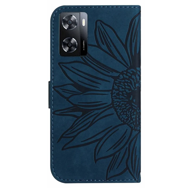Pour Oppo A57 4G / A57 (2022) 5G / A77 4G / A77 5G HT04 PU Portefeuille en Cuir Case de Fermeture Magnétique Sold du Tournesol Imprimé Couvercle de Téléphone Avec Bandoulière - Bleu Foncé
