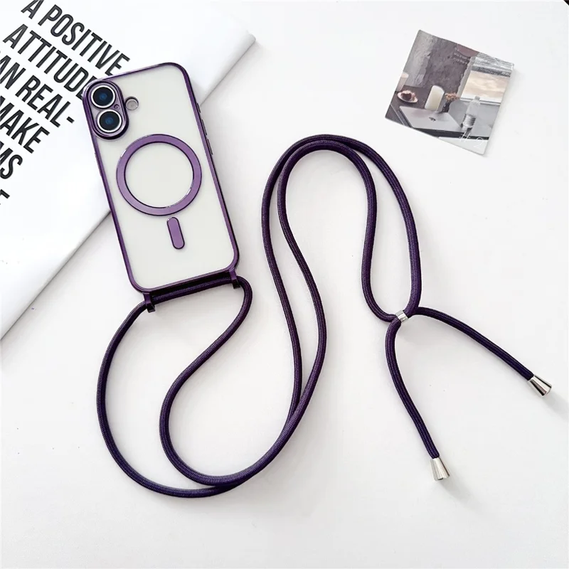 For iPhone 17 Case Compatible with MagSafe Electroplating TPU Phone Cover with Long Lanyard - Purple