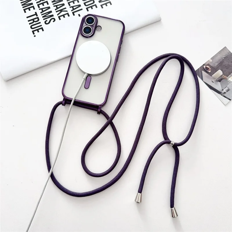 For iPhone 17 Case Compatible with MagSafe Electroplating TPU Phone Cover with Long Lanyard - Purple