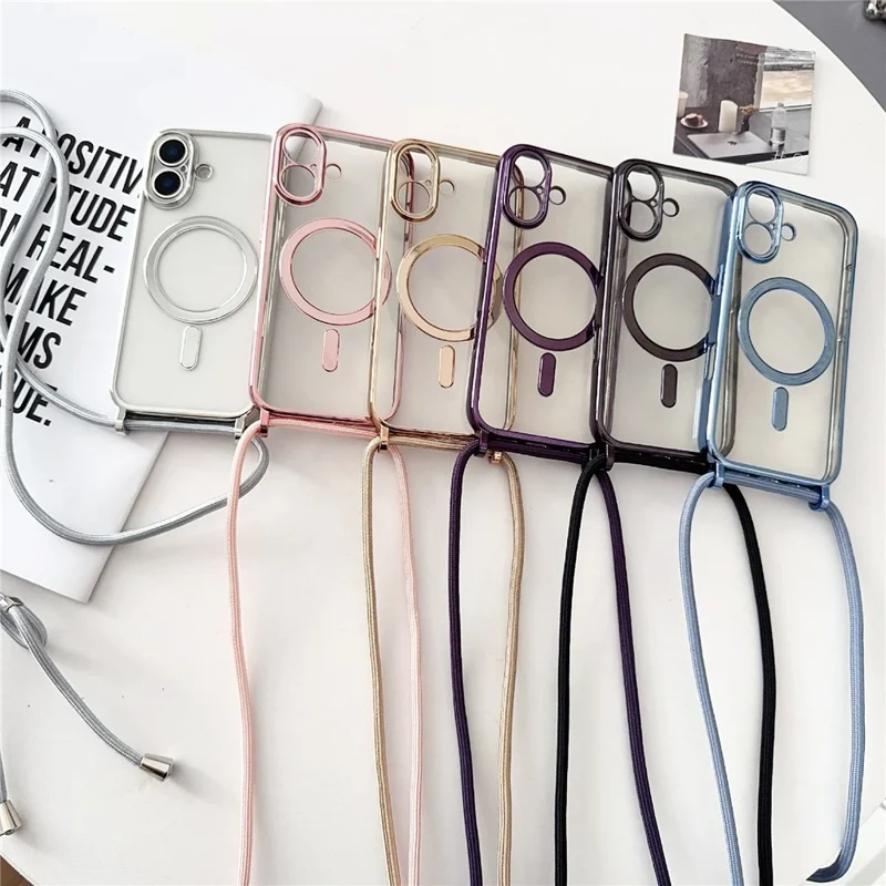 For iPhone 17 Case Compatible with MagSafe Electroplating TPU Phone Cover with Long Lanyard - Purple