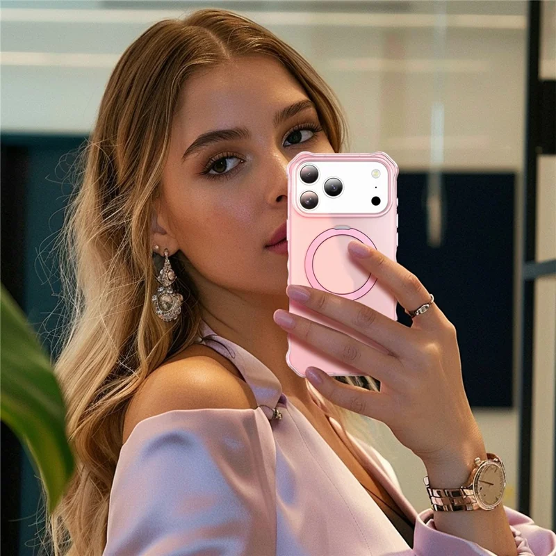 For iPhone 17 Pro Case Compatible with MagSafe Matte Kickstand Hybrid Phone Cover Small Wavy Edge - Pink