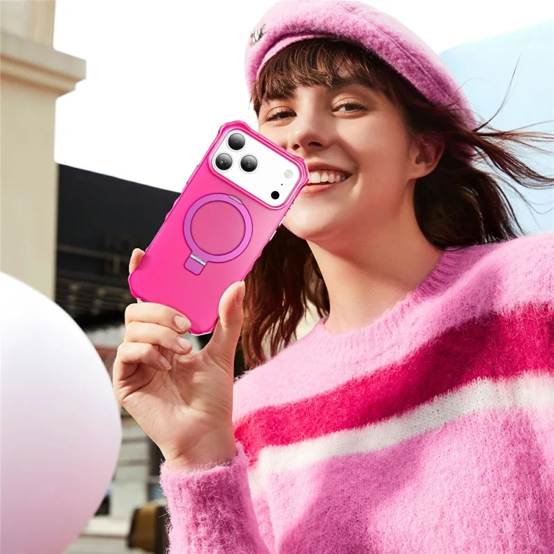 For iPhone 17 Pro Case Compatible with MagSafe Matte Kickstand Hybrid Phone Cover Small Wavy Edge - Rose