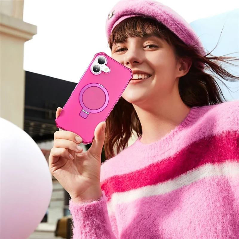 For iPhone 17 Case Compatible with MagSafe Matte Kickstand Hybrid Phone Cover Small Wavy Edge - Rose