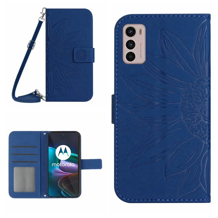For Motorola Moto G42 4G PU Leather Flip Case Imprinted Sunflower Stand Skin-touch Wallet Phone Cover with Shoulder Strap - Sapphire