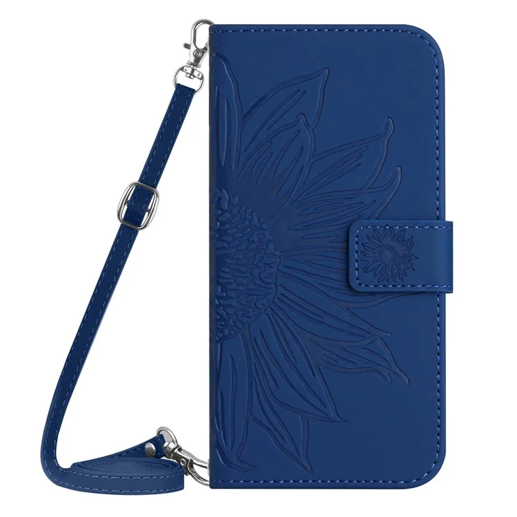 For Motorola Moto G42 4G PU Leather Flip Case Imprinted Sunflower Stand Skin-touch Wallet Phone Cover with Shoulder Strap - Sapphire