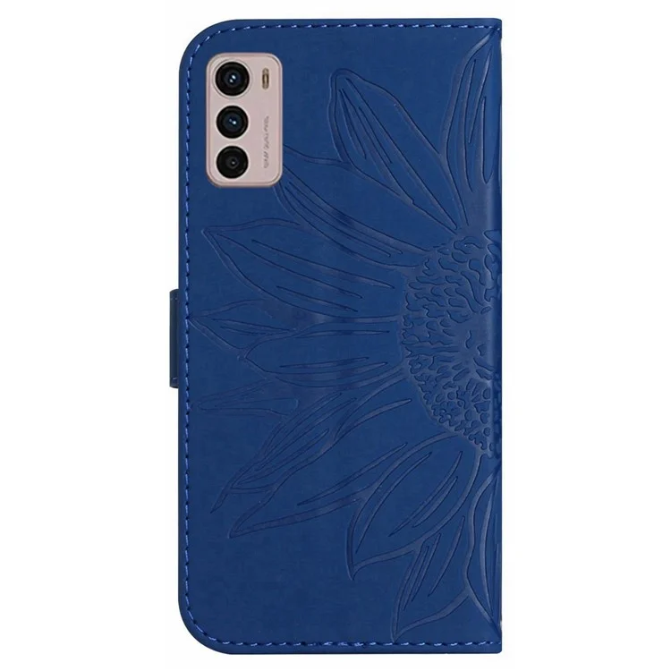 For Motorola Moto G42 4G PU Leather Flip Case Imprinted Sunflower Stand Skin-touch Wallet Phone Cover with Shoulder Strap - Sapphire