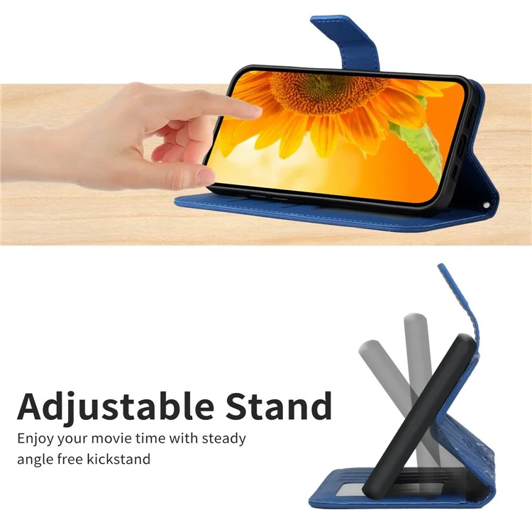 For Motorola Moto G42 4G PU Leather Flip Case Imprinted Sunflower Stand Skin-touch Wallet Phone Cover with Shoulder Strap - Sapphire