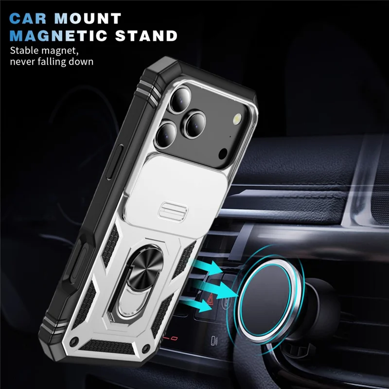 For iPhone 17 Pro Case TPU + PC Slide Camshield Kickstand Phone Cover - White