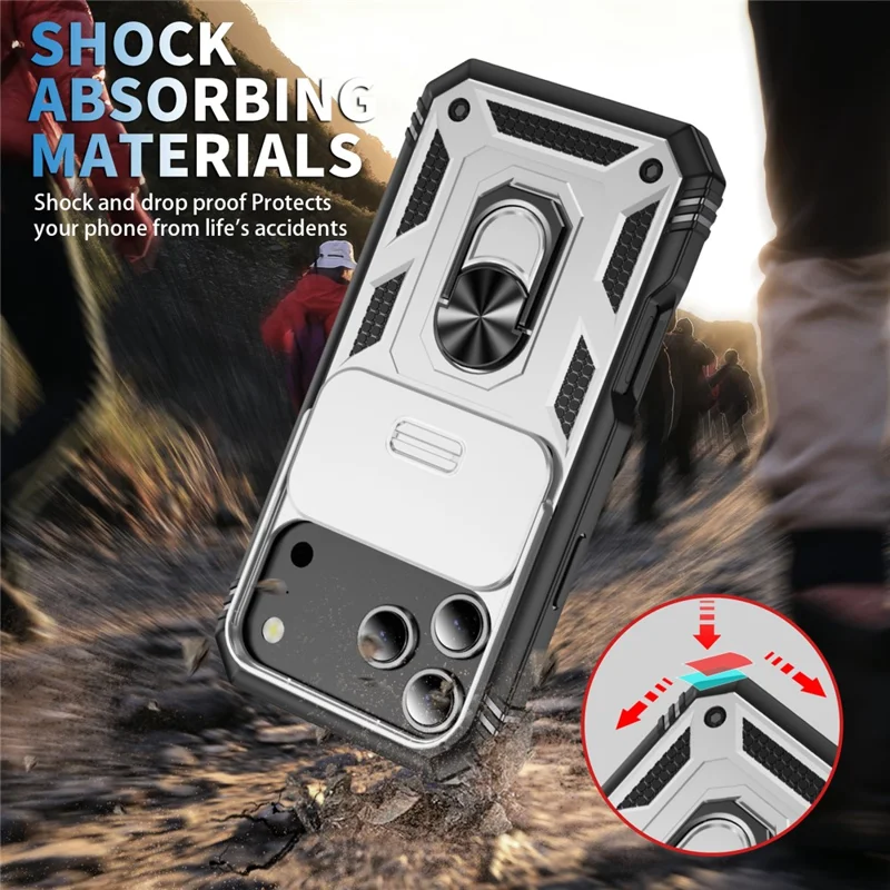 For iPhone 17 Pro Case TPU + PC Slide Camshield Kickstand Phone Cover - White