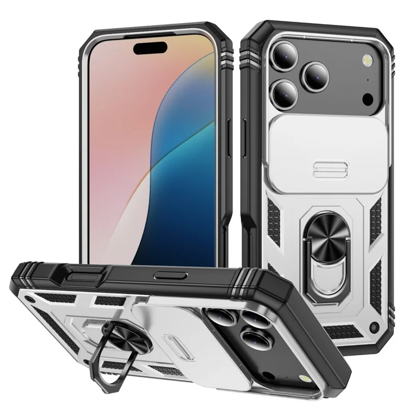For iPhone 17 Pro Max Case TPU + PC Slide Camshield Kickstand Phone Cover - White