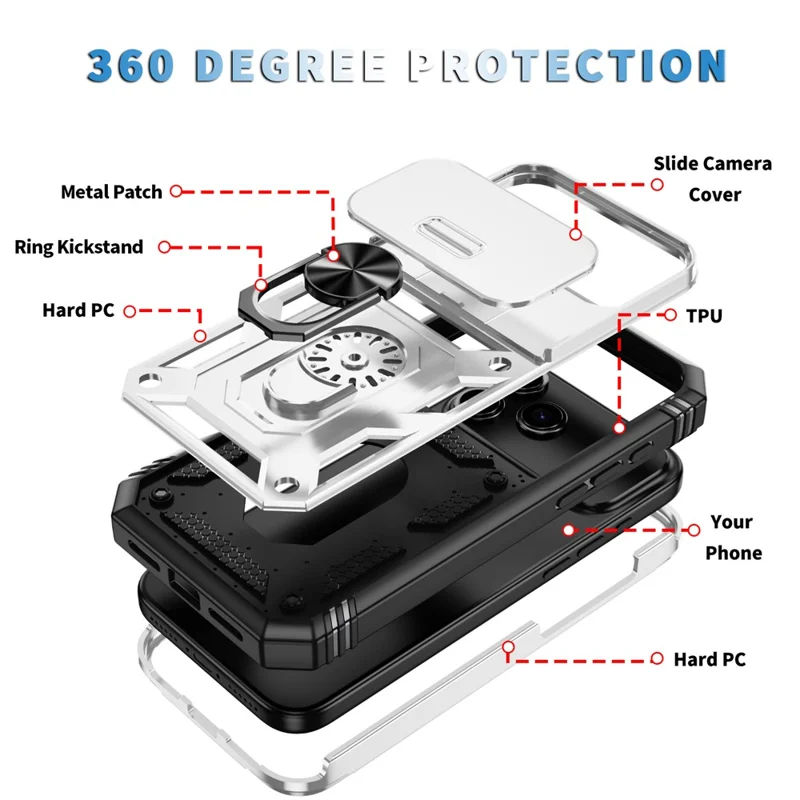 For iPhone 17 Pro Max Case TPU + PC Slide Camshield Kickstand Phone Cover - White