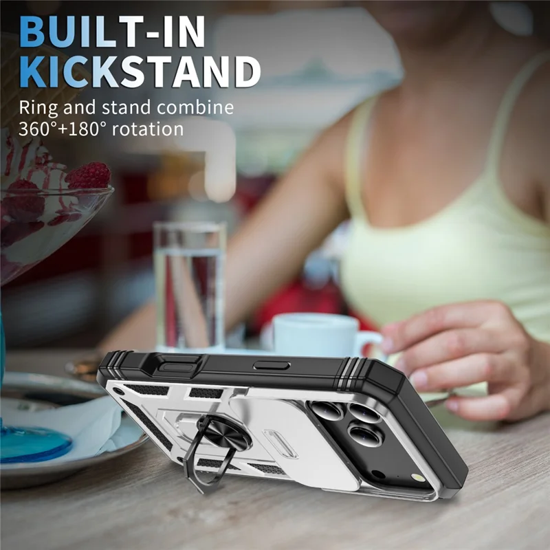For iPhone 17 Pro Max Case TPU + PC Slide Camshield Kickstand Phone Cover - White