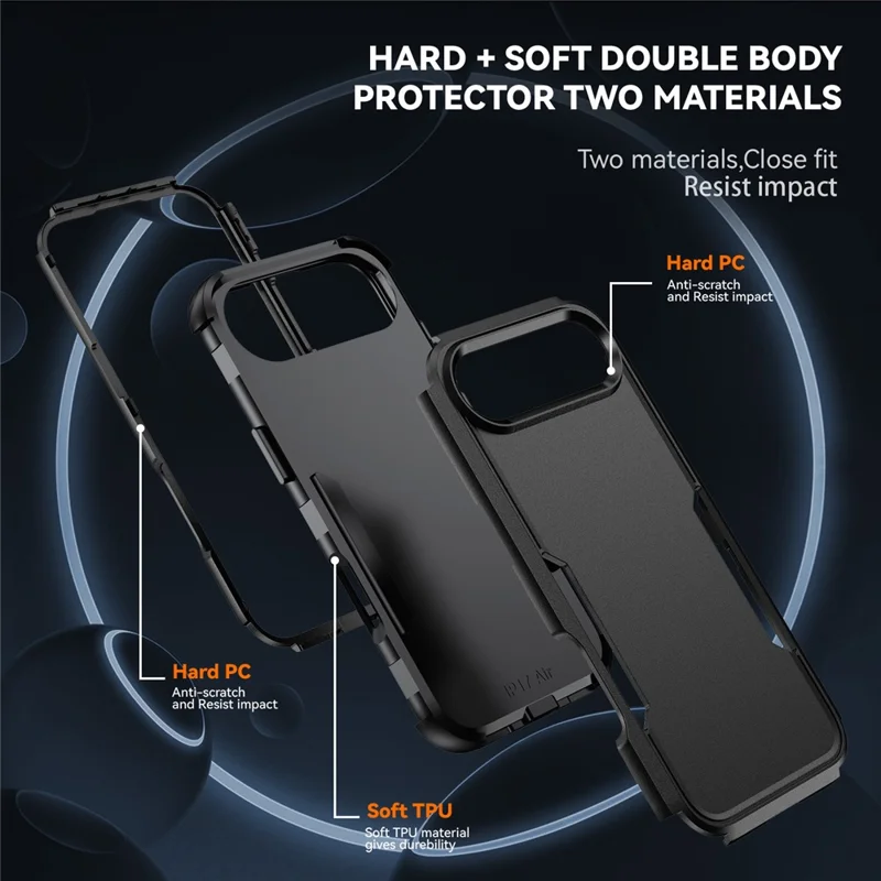 For iPhone Air Case 3 in 1 Shockproof TPU PC Phone Cover - Black