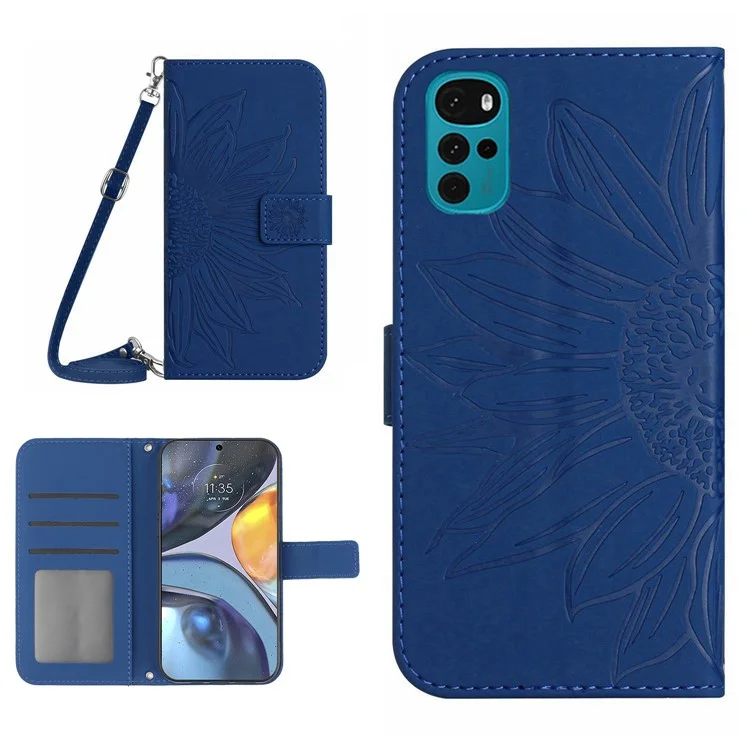 Imprinted Sunflower Phone Case For Motorola Moto G22, Skin-touch Anti-scratch Flip Cell Phone Cover PU Leather Wallet Adjustable Stand with Shoulder Strap - Sapphire
