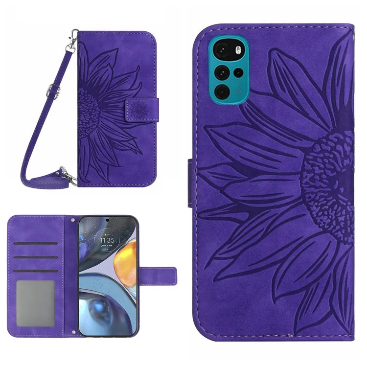 Case de Teléfono de Girasol Impreso Para Motorola Moto G22, Touch Anti-touch, Cubierta Celular, Cubierta de Celular PU Cuero, Soporte Ajustable Con Correa Para el Hombro - Morado Oscuro