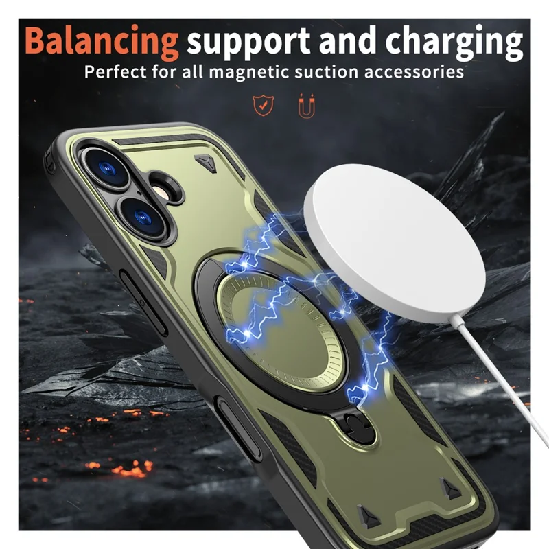 For iPhone 17 Case Compatible with MagSafe Military Protection PC + TPU Kickstand Phone Cover - Olive Green