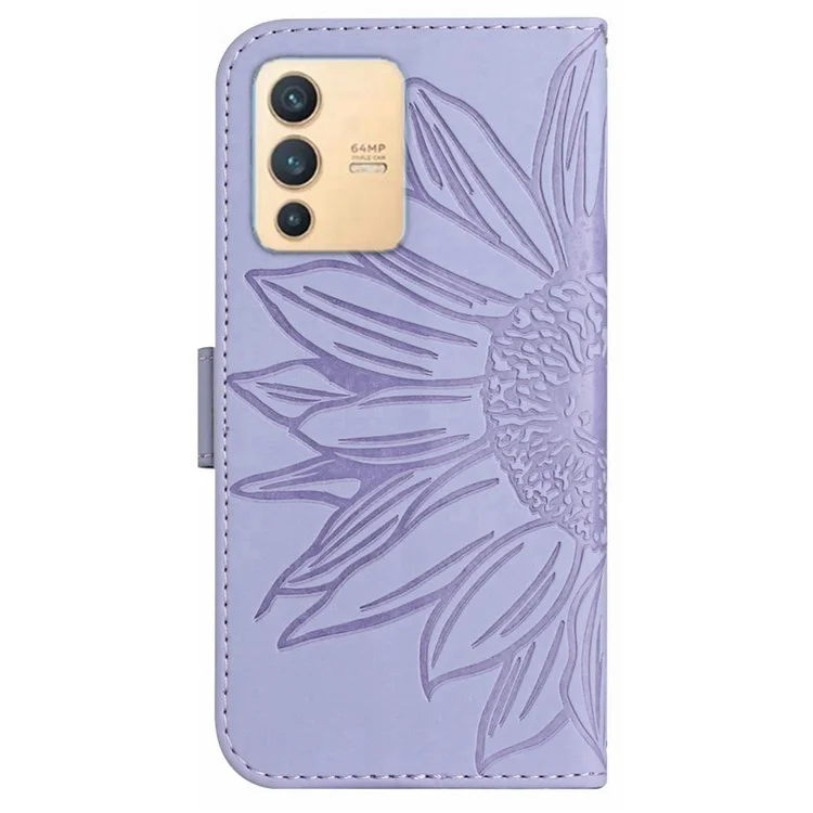 Phone Case For vivo V23 5G, Skin-touch Imprinted Sunflower Shockproof Phone Cover Flip Leather Wallet Stand with Shoulder Strap - Light Purple