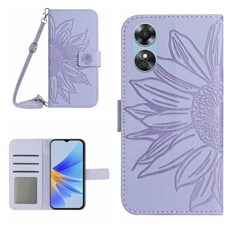 Para Oppo A17 4G Skin-touch Impreso Imprimido Gunfower Phone Phone Phone Soporte de Cuero PU Case de Teléfonos Inteligentes Anti-ropa Con Correa Para el Hombro - Púrpura Ligera