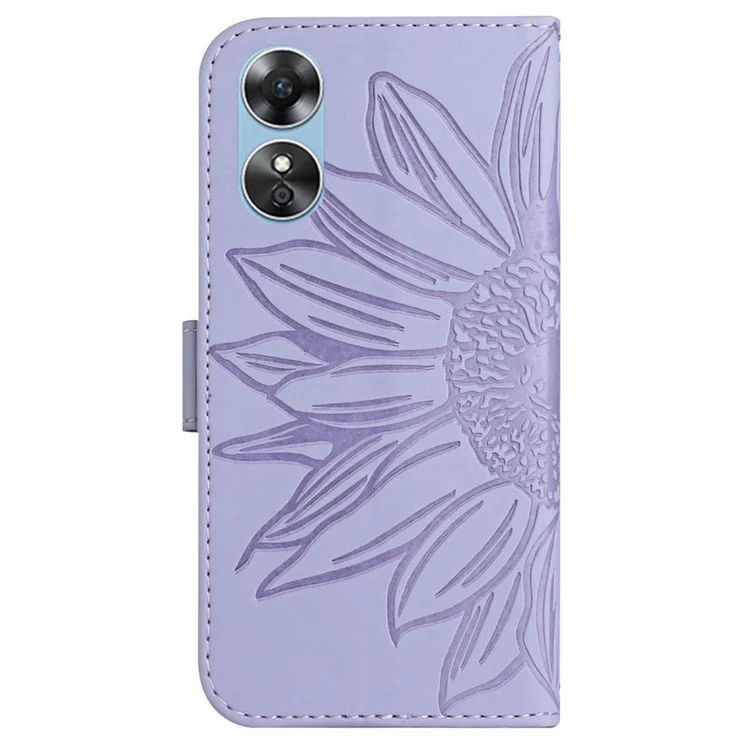 Para Oppo A17 4G Skin-touch Impreso Imprimido Gunfower Phone Phone Phone Soporte de Cuero PU Case de Teléfonos Inteligentes Anti-ropa Con Correa Para el Hombro - Púrpura Ligera