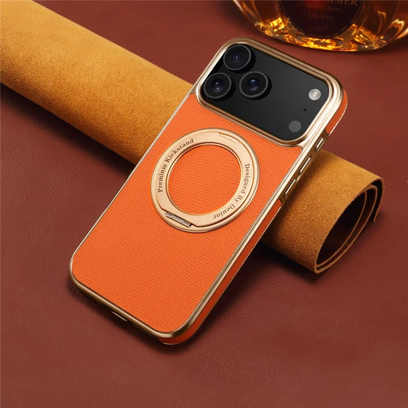 For iPhone 17 Pro Max Kickstand Case Genuine Cow Leather Back Cover Compatible with MagSafe - Orange