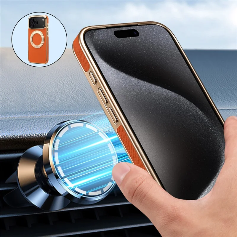 For iPhone 17 Pro Max Kickstand Case Genuine Cow Leather Back Cover Compatible with MagSafe - Orange