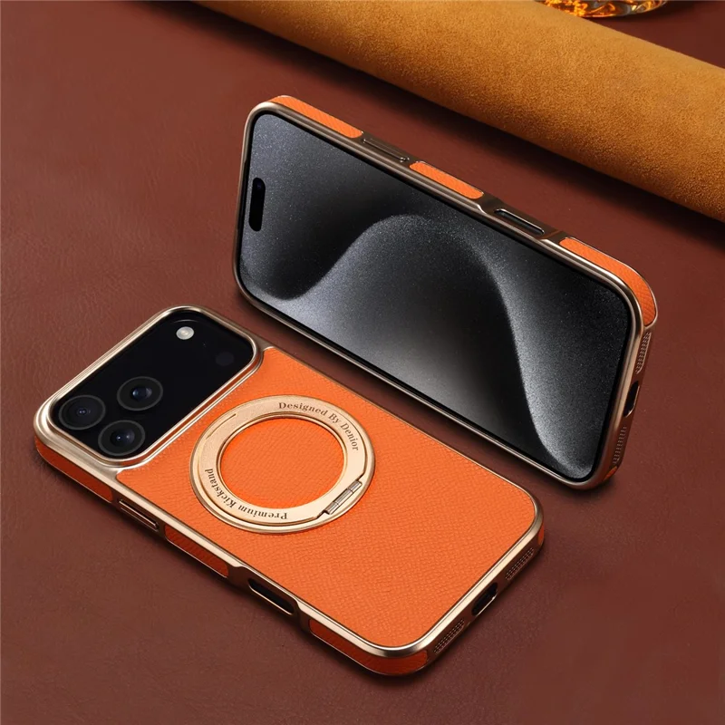 For iPhone 17 Pro Max Kickstand Case Genuine Cow Leather Back Cover Compatible with MagSafe - Orange