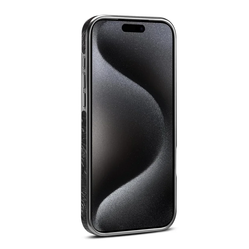 For iPhone 17 Pro Max Kickstand Phone Case Flower Imprint Genuine Cow Leather Back Cover Compatible with MagSafe - Black