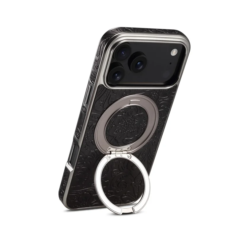For iPhone 17 Pro Max Kickstand Phone Case Flower Imprint Genuine Cow Leather Back Cover Compatible with MagSafe - Black