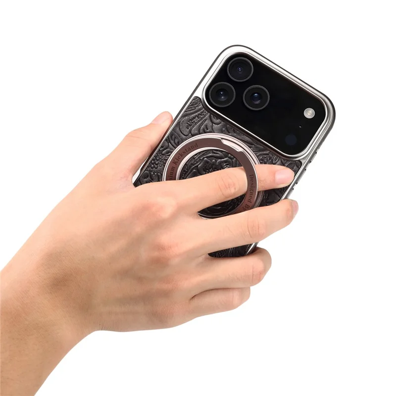 For iPhone 17 Pro Max Kickstand Phone Case Flower Imprint Genuine Cow Leather Back Cover Compatible with MagSafe - Black