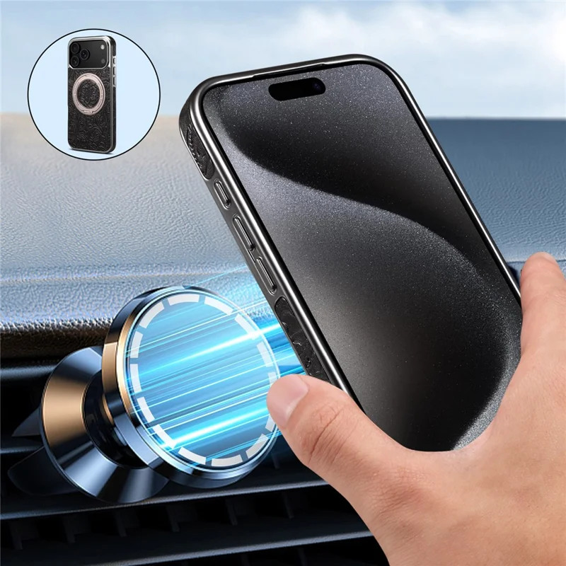 For iPhone 17 Pro Max Kickstand Phone Case Flower Imprint Genuine Cow Leather Back Cover Compatible with MagSafe - Black