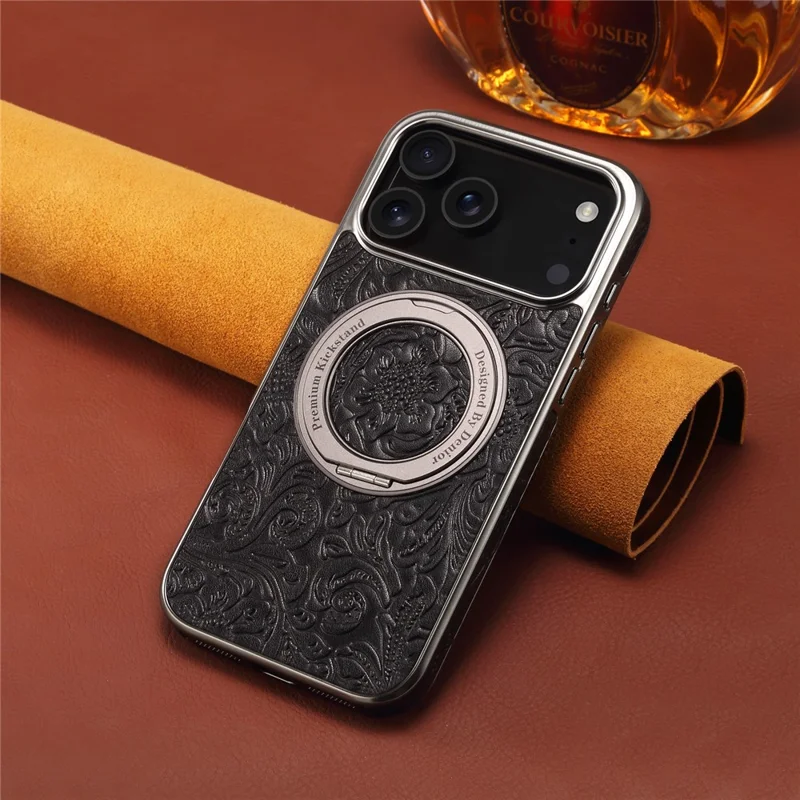 For iPhone 17 Pro Max Kickstand Phone Case Flower Imprint Genuine Cow Leather Back Cover Compatible with MagSafe - Black