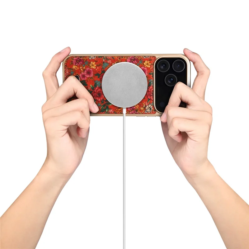 DENIOR A24 Funda para iPhone 17 Pro Max Compatible con MagSafe Cubierta de Teléfono de Flor de Cuero PC TPU con Panel Trasero Desmontable - Peonía Roja