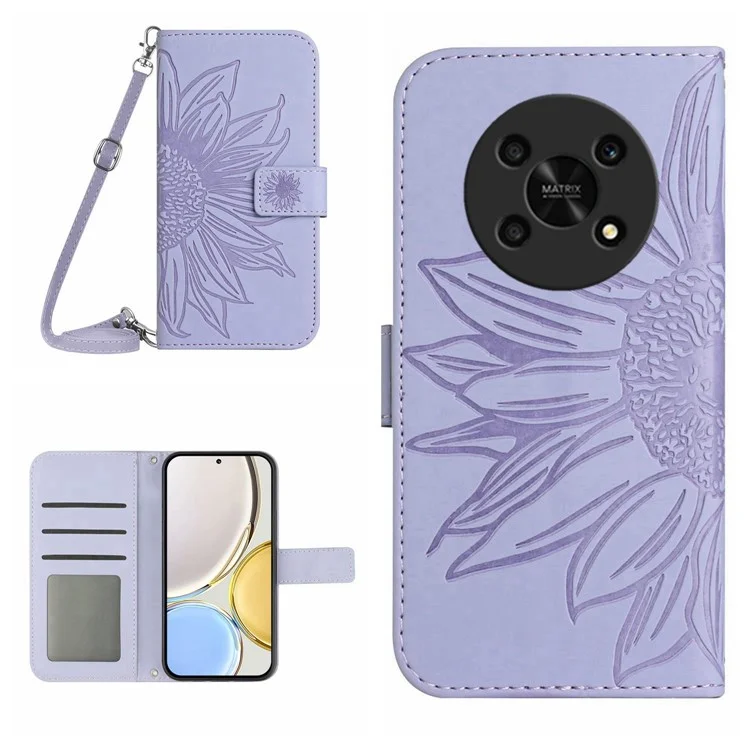 Handy-hülle Für Honor Magic4 Lite 5G, Hauttouch Eingeprägter Sonnenblumen Telefonabdeckung Mit Schultergurt PU Leder Brieftasche Ständer - Helles Lila