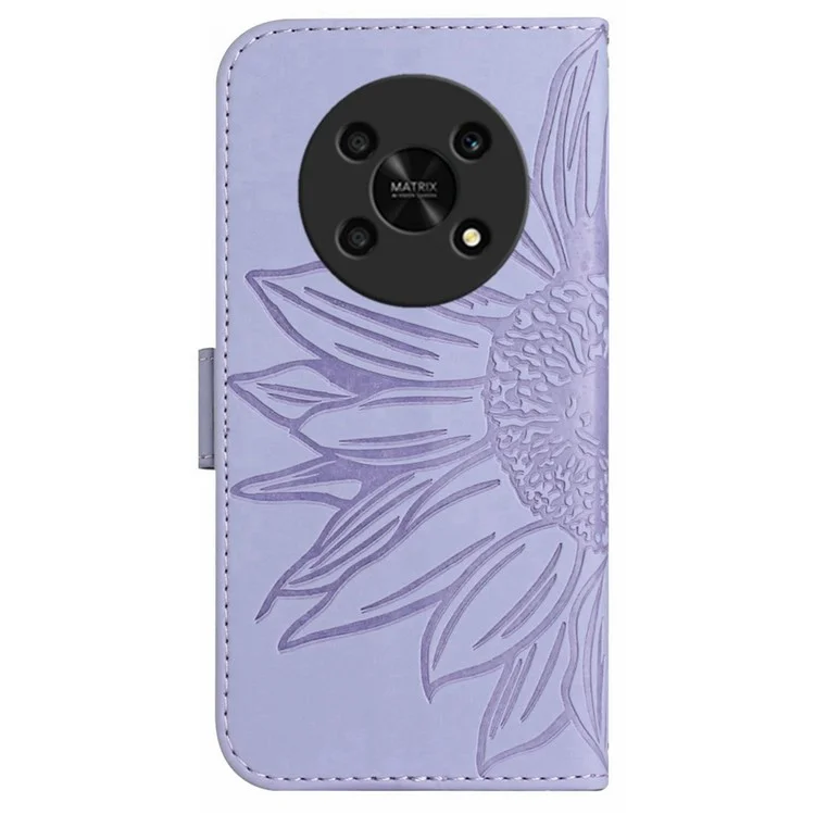 Handy-hülle Für Honor Magic4 Lite 5G, Hauttouch Eingeprägter Sonnenblumen Telefonabdeckung Mit Schultergurt PU Leder Brieftasche Ständer - Helles Lila