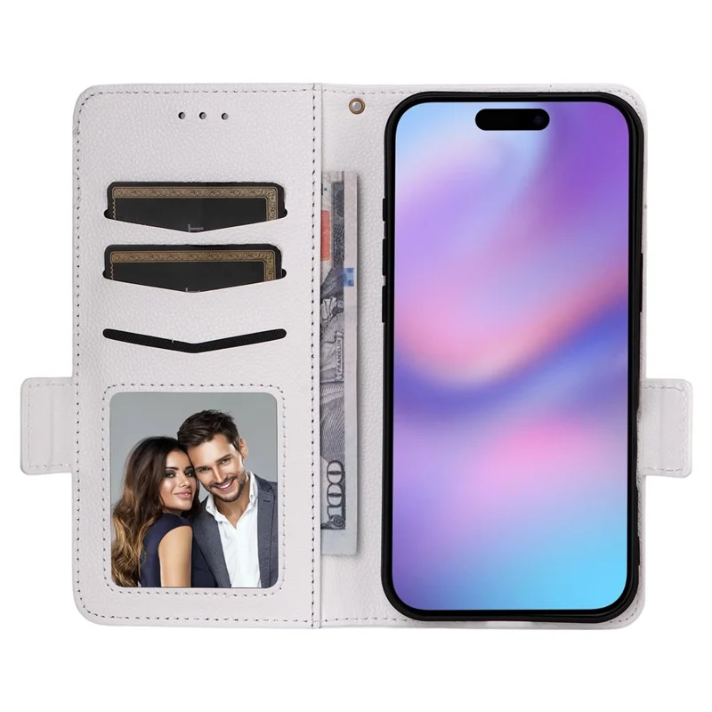 For iPhone Air Case with Wrist Strap Litchi Texture PU Leather Wallet Phone Cover - White
