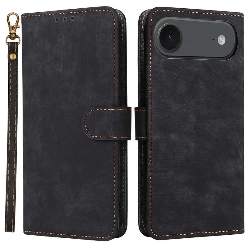 For iPhone Air Case Wallet RFID Blocking PU Leather Phone Cover Stand with Strap - Black