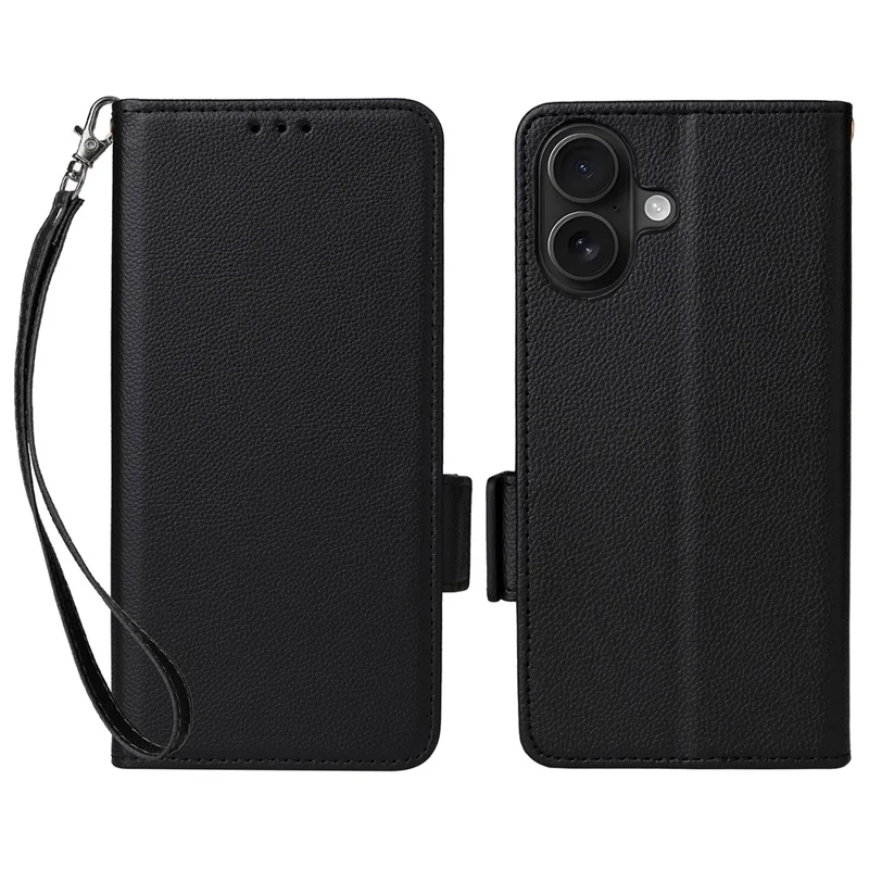 For iPhone 17 Case with Wrist Strap Litchi Texture PU Leather Wallet Phone Cover - Black