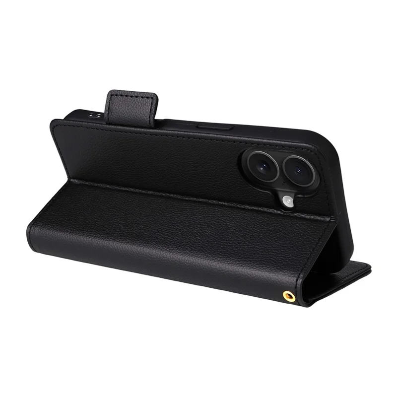 For iPhone 17 Case with Wrist Strap Litchi Texture PU Leather Wallet Phone Cover - Black