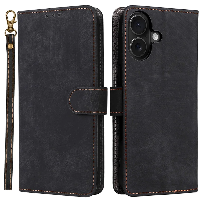 For iPhone 17 Case Wallet RFID Blocking PU Leather Phone Cover Stand with Strap - Black