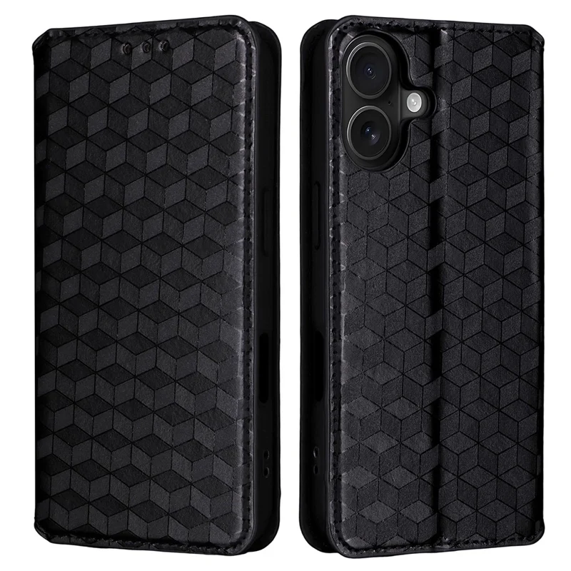 For iPhone 17 Case Wallet Rhombus Imprinted Leather Phone Cover - Black