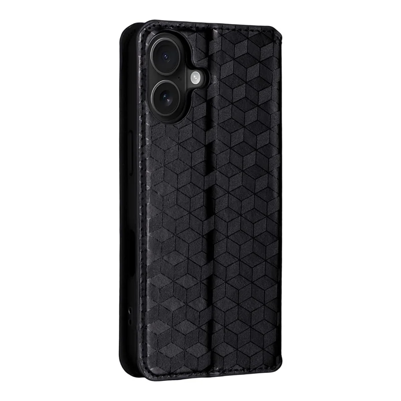 For iPhone 17 Case Wallet Rhombus Imprinted Leather Phone Cover - Black