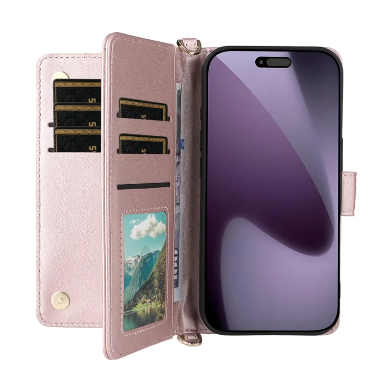 For iPhone 18 Pro / 17 Pro Case with Shoulder  /  Wrist Strap Leather Phone Cover Stand Wallet - Pink